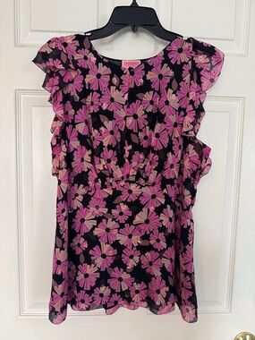 kate spade Black Pink Floral Ruffle Sleeve Blouse